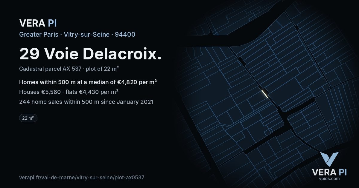 29 Voie Delacroix, Vitry-sur-Seine at night – the plot lit, the parcels around coloured by the prices near them