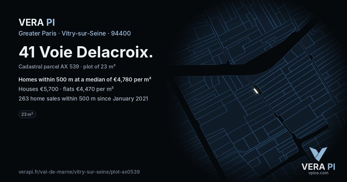 41 Voie Delacroix, Vitry-sur-Seine at night – the plot lit, the parcels around coloured by the prices near them