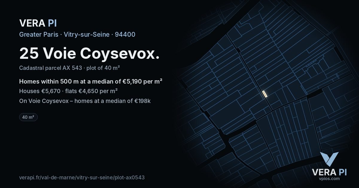 25 Voie Coysevox, Vitry-sur-Seine at night – the plot lit, the parcels around coloured by the prices near them