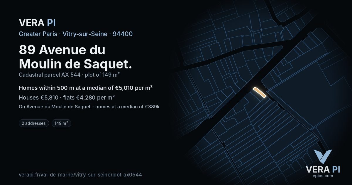 89 Avenue du Moulin de Saquet, Vitry-sur-Seine at night – the plot lit, the parcels around coloured by the prices near them