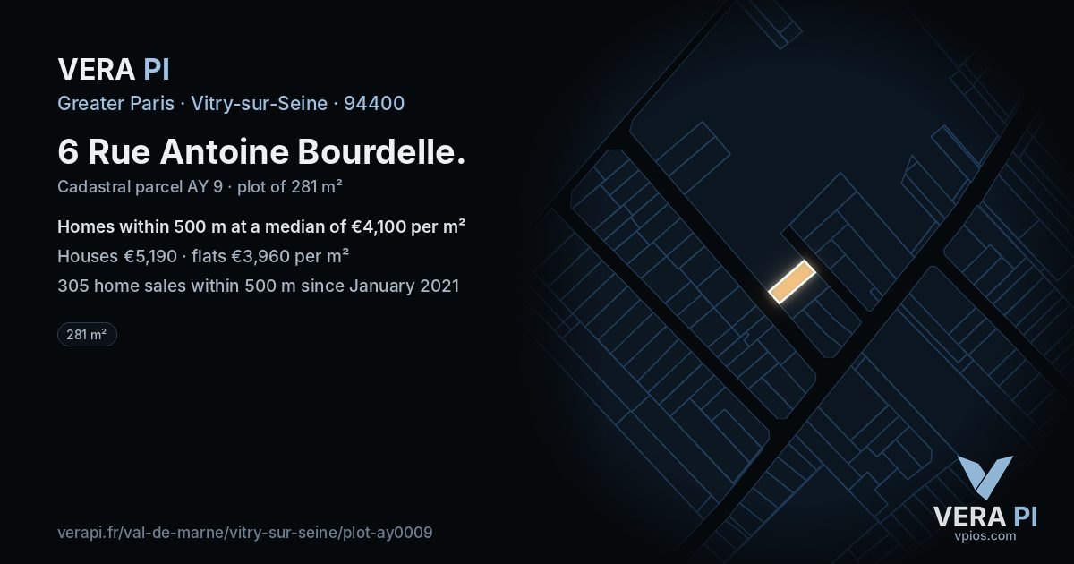 6 Rue Antoine Bourdelle, Vitry-sur-Seine at night – the plot lit, the parcels around coloured by the prices near them