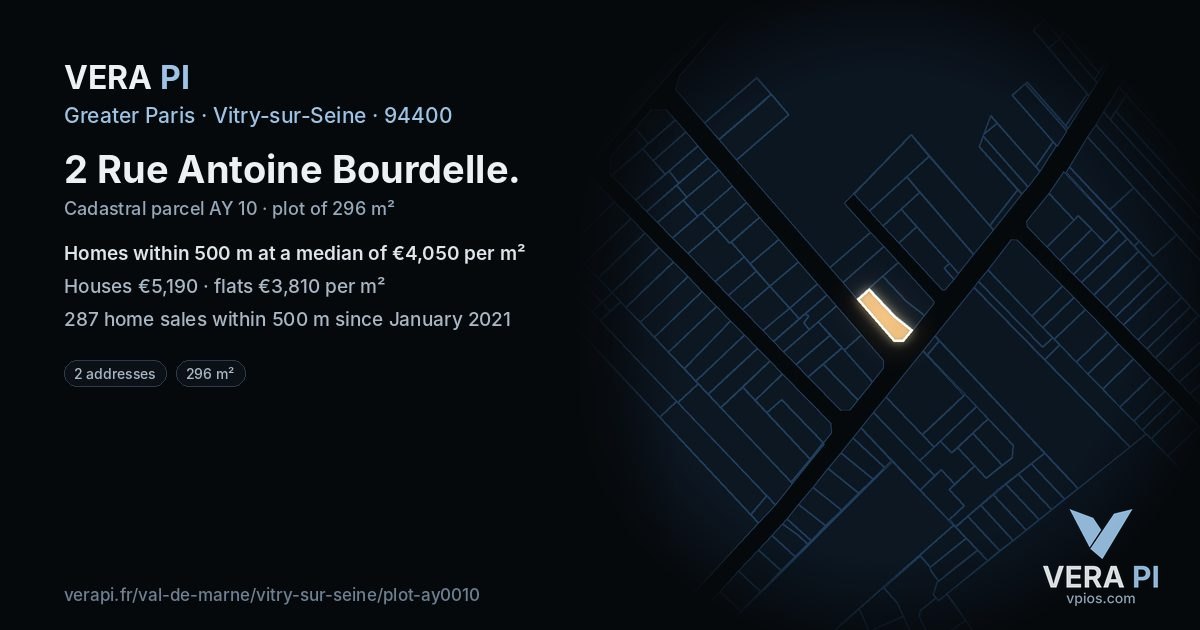 2 Rue Antoine Bourdelle, Vitry-sur-Seine at night – the plot lit, the parcels around coloured by the prices near them