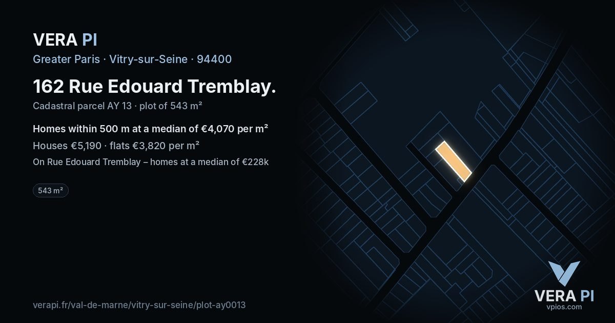 162 Rue Edouard Tremblay, Vitry-sur-Seine at night – the plot lit, the parcels around coloured by the prices near them
