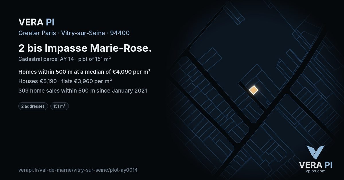 2 bis Impasse Marie-Rose, Vitry-sur-Seine at night – the plot lit, the parcels around coloured by the prices near them