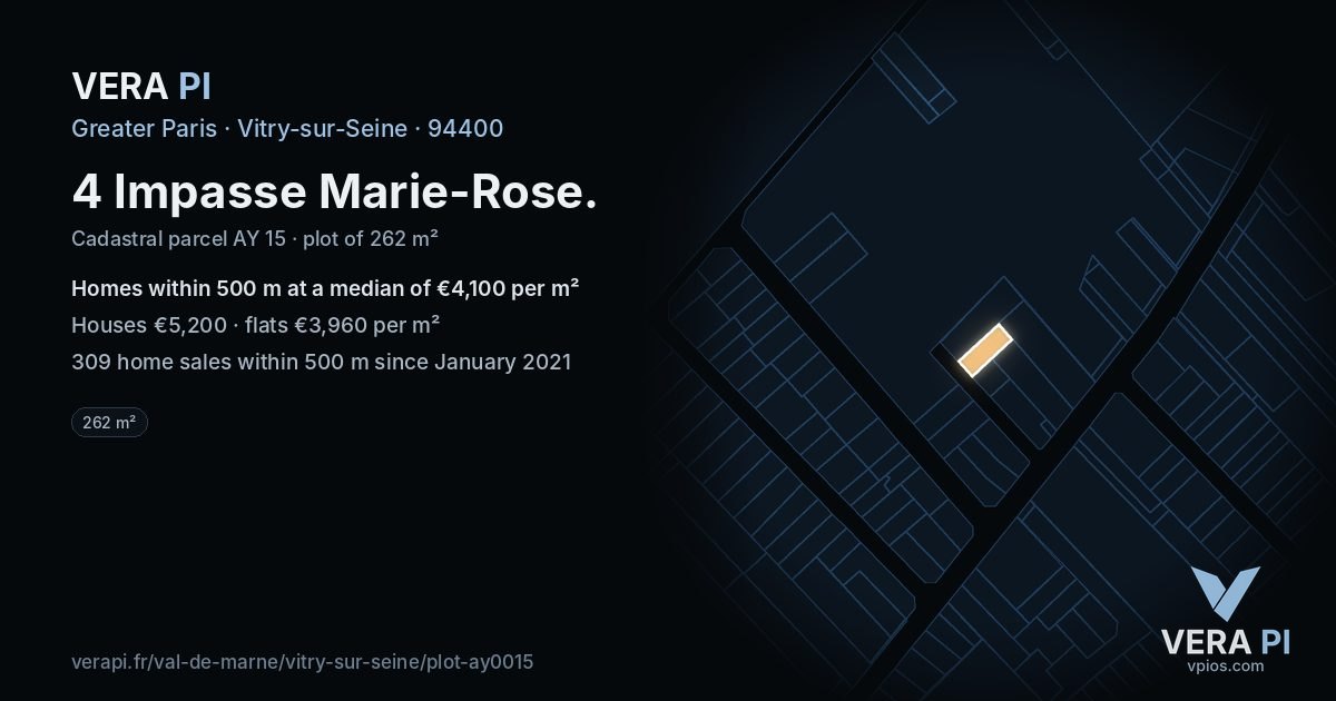 4 Impasse Marie-Rose, Vitry-sur-Seine at night – the plot lit, the parcels around coloured by the prices near them