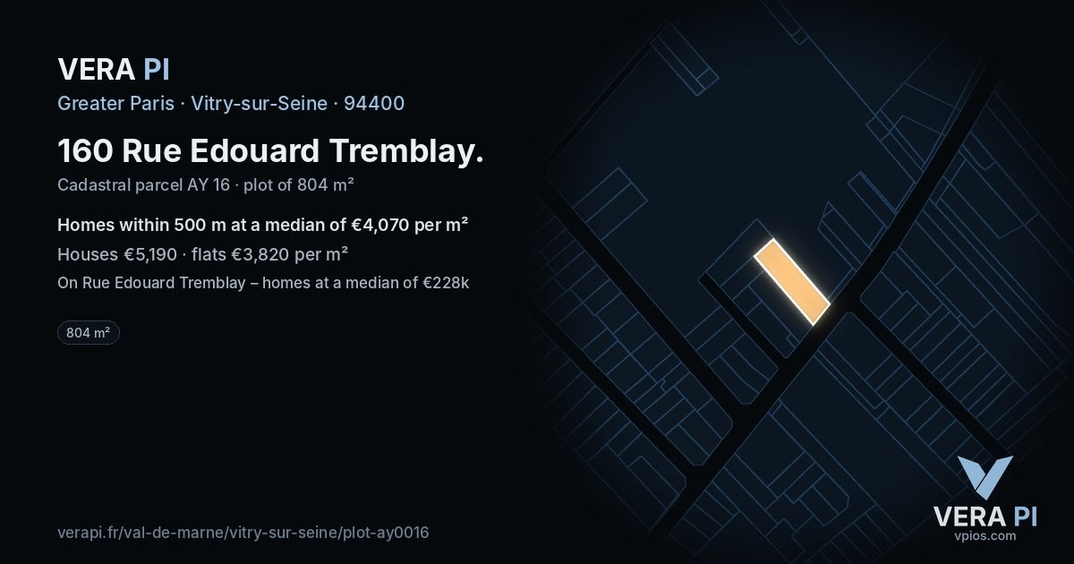 160 Rue Edouard Tremblay, Vitry-sur-Seine at night – the plot lit, the parcels around coloured by the prices near them