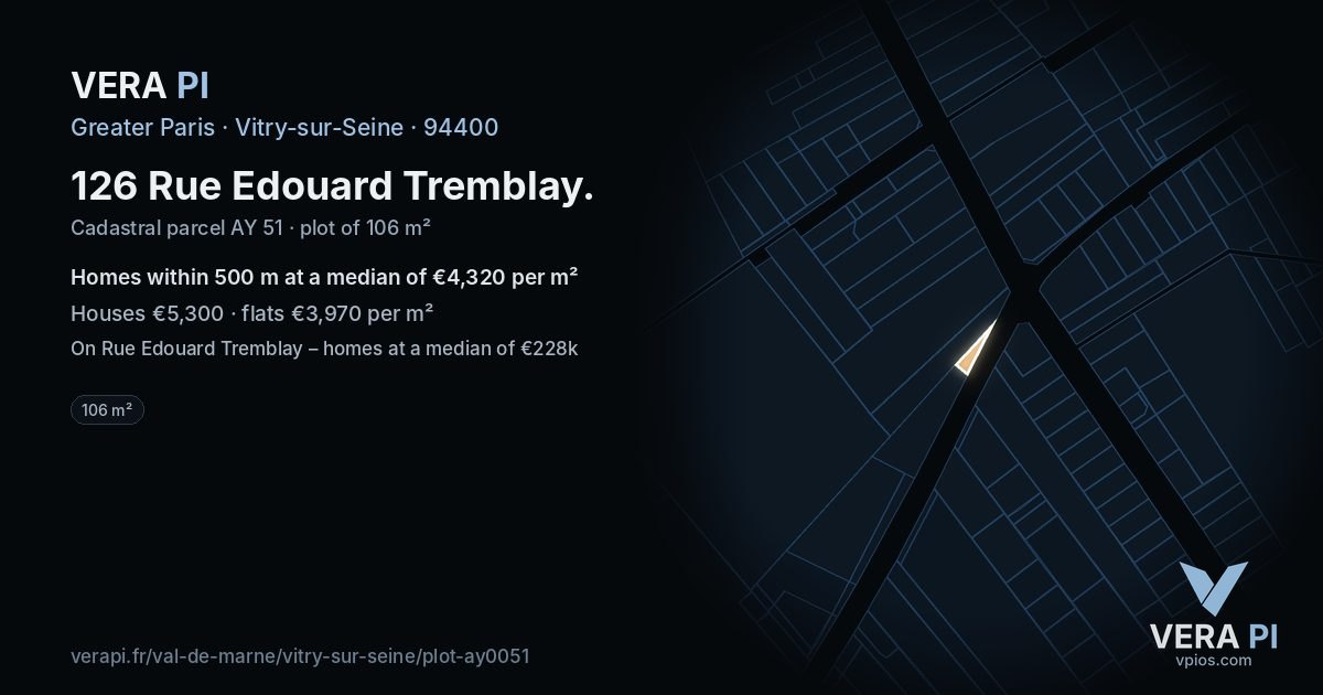 126 Rue Edouard Tremblay, Vitry-sur-Seine at night – the plot lit, the parcels around coloured by the prices near them
