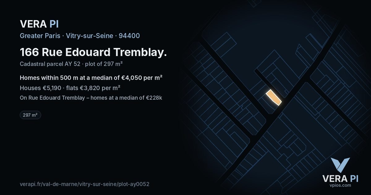 166 Rue Edouard Tremblay, Vitry-sur-Seine at night – the plot lit, the parcels around coloured by the prices near them
