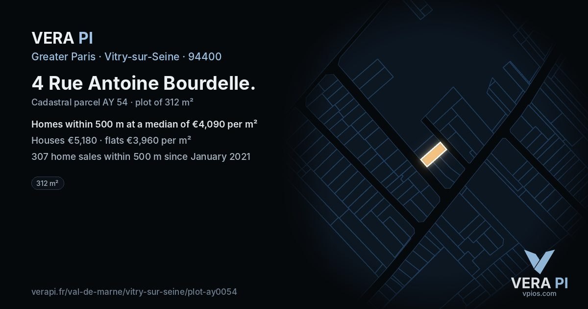 4 Rue Antoine Bourdelle, Vitry-sur-Seine at night – the plot lit, the parcels around coloured by the prices near them