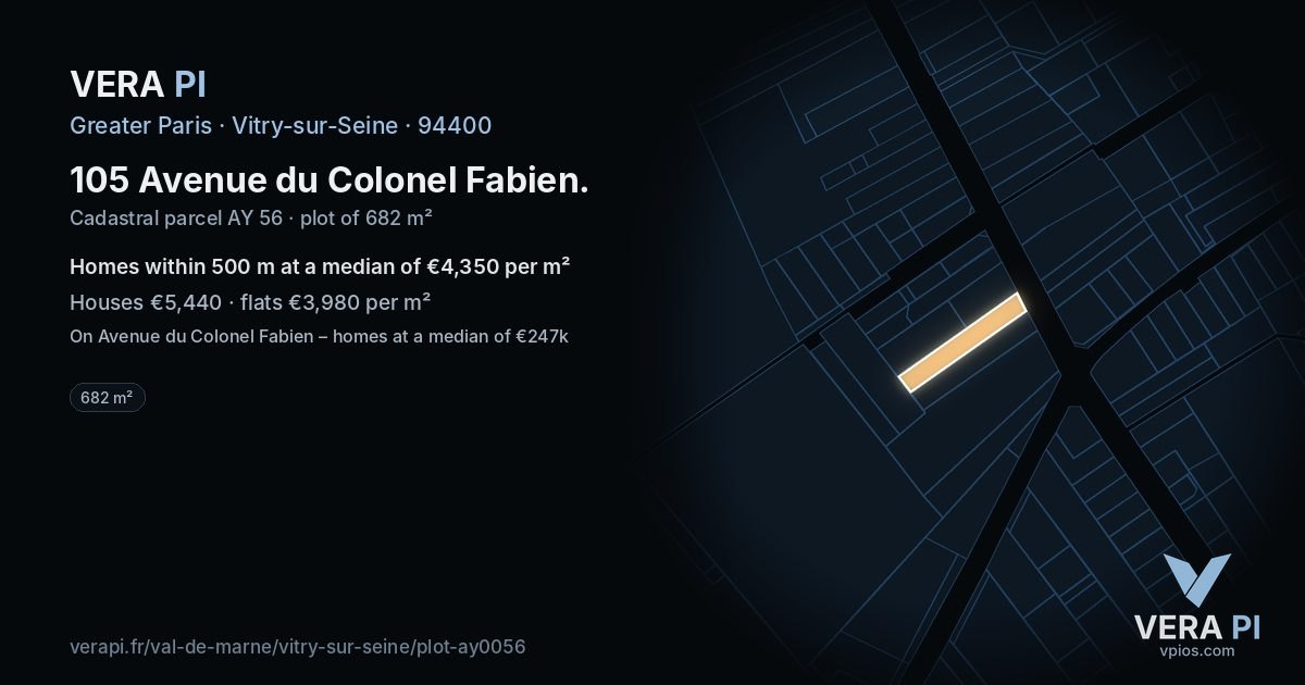 105 Avenue du Colonel Fabien, Vitry-sur-Seine at night – the plot lit, the parcels around coloured by the prices near them