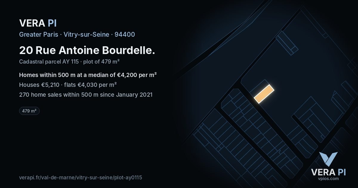 20 Rue Antoine Bourdelle, Vitry-sur-Seine at night – the plot lit, the parcels around coloured by the prices near them