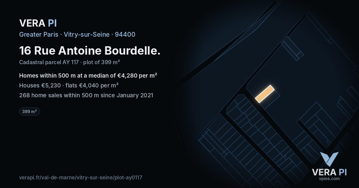 16 Rue Antoine Bourdelle, Vitry-sur-Seine at night – the plot lit, the parcels around coloured by the prices near them