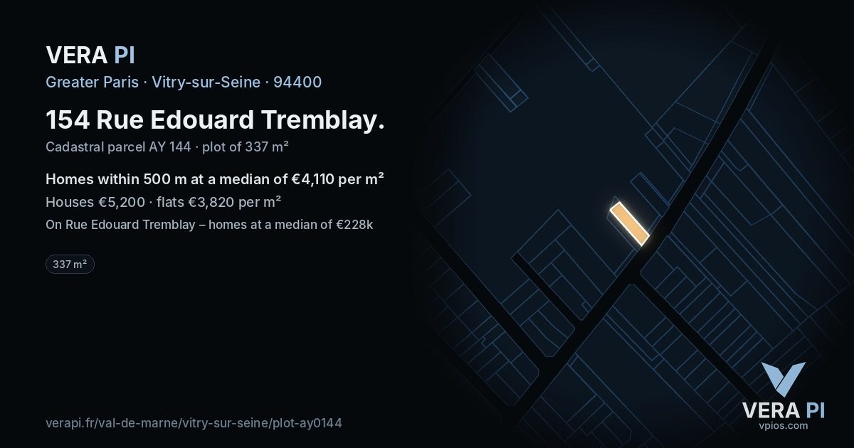154 Rue Edouard Tremblay, Vitry-sur-Seine at night – the plot lit, the parcels around coloured by the prices near them