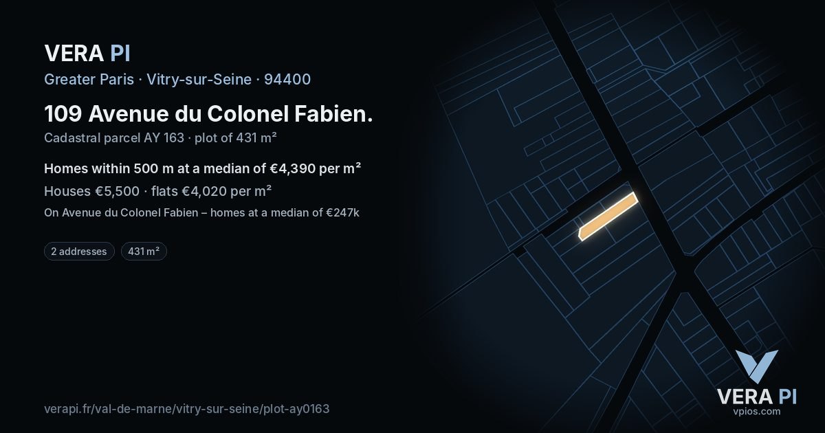 109 Avenue du Colonel Fabien, Vitry-sur-Seine at night – the plot lit, the parcels around coloured by the prices near them