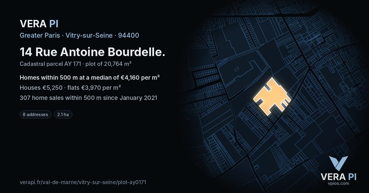 14 Rue Antoine Bourdelle, Vitry-sur-Seine at night – the plot lit, the parcels around coloured by the prices near them