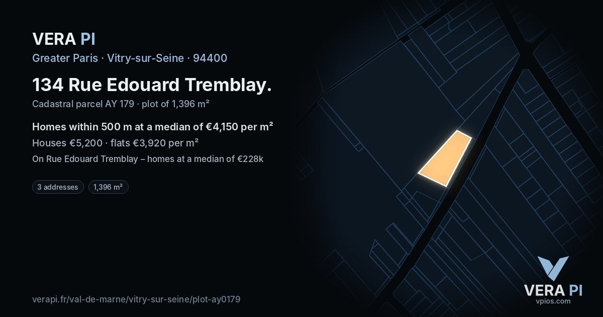 134 Rue Edouard Tremblay, Vitry-sur-Seine at night – the plot lit, the parcels around coloured by the prices near them