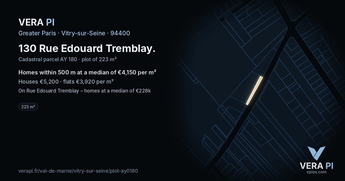 130 Rue Edouard Tremblay, Vitry-sur-Seine at night – the plot lit, the parcels around coloured by the prices near them