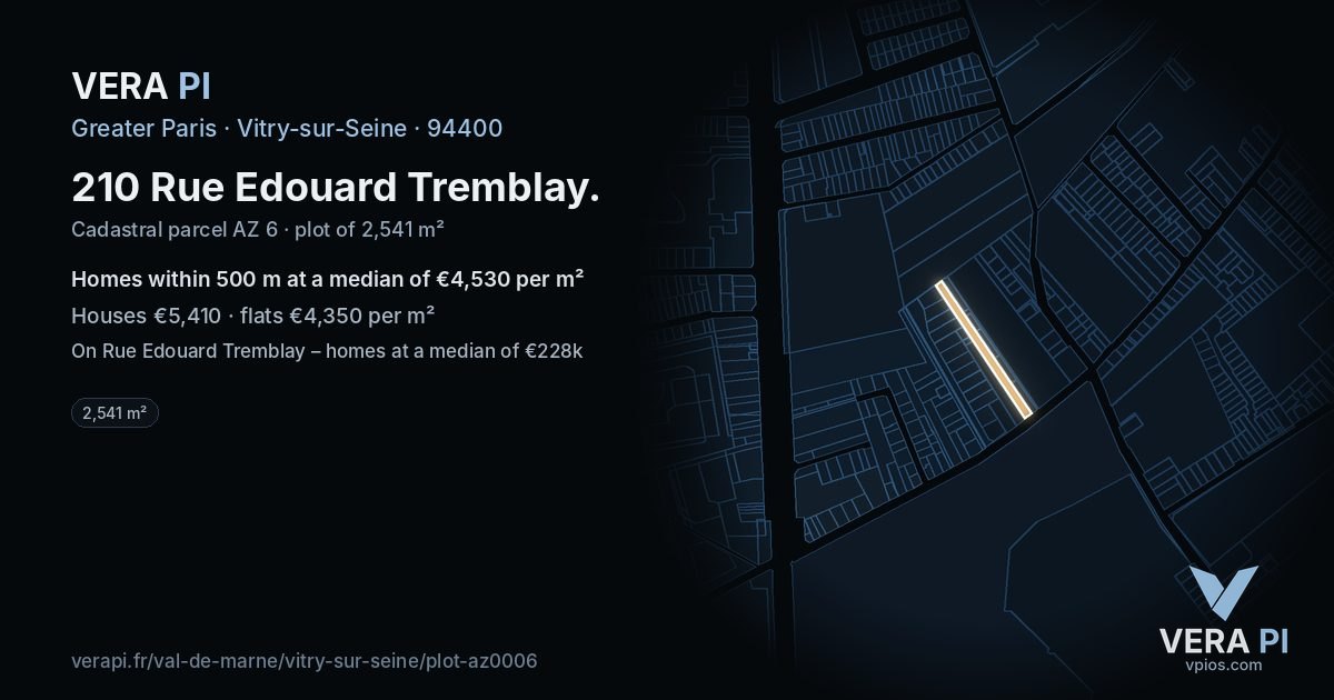 210 Rue Edouard Tremblay, Vitry-sur-Seine at night – the plot lit, the parcels around coloured by the prices near them
