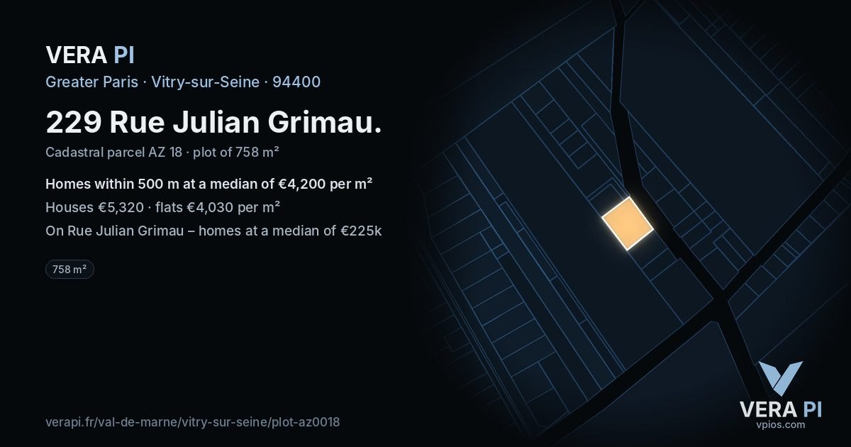 229 Rue Julian Grimau, Vitry-sur-Seine at night – the plot lit, the parcels around coloured by the prices near them
