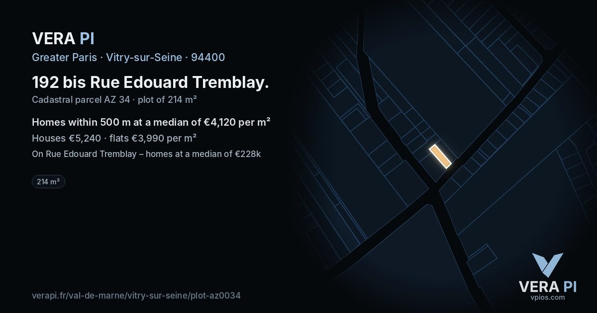 192 bis Rue Edouard Tremblay, Vitry-sur-Seine at night – the plot lit, the parcels around coloured by the prices near them