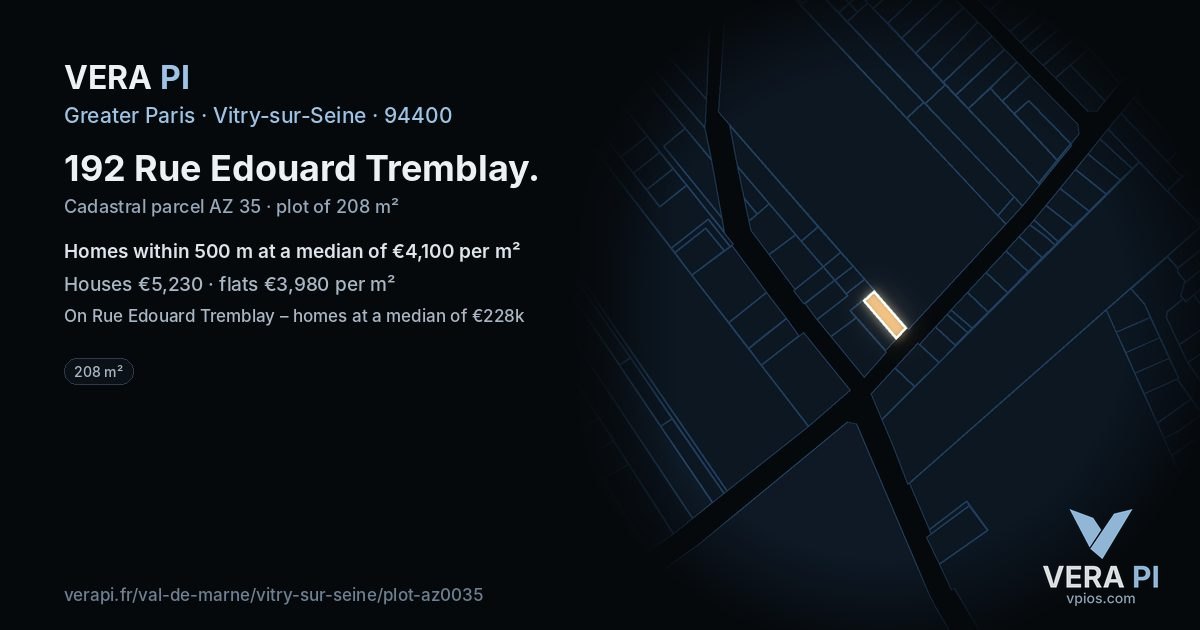 192 Rue Edouard Tremblay, Vitry-sur-Seine at night – the plot lit, the parcels around coloured by the prices near them