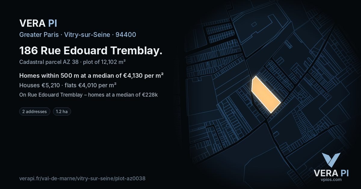 186 Rue Edouard Tremblay, Vitry-sur-Seine at night – the plot lit, the parcels around coloured by the prices near them