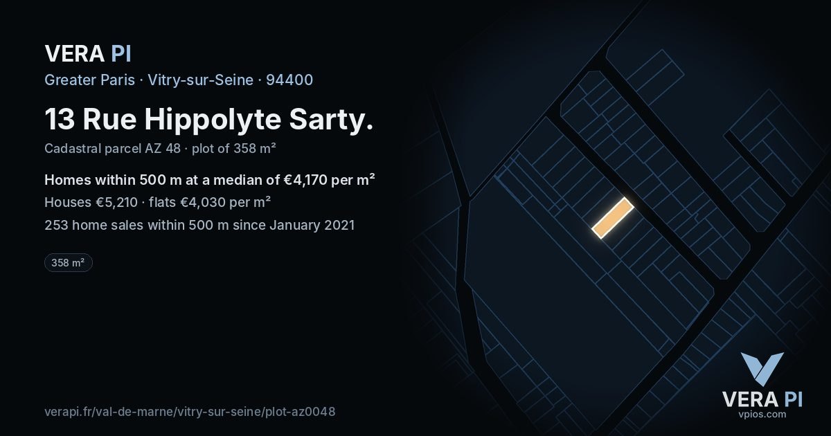13 Rue Hippolyte Sarty, Vitry-sur-Seine at night – the plot lit, the parcels around coloured by the prices near them