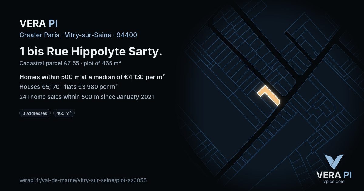 1 bis Rue Hippolyte Sarty, Vitry-sur-Seine at night – the plot lit, the parcels around coloured by the prices near them