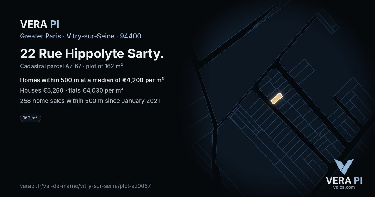 22 Rue Hippolyte Sarty, Vitry-sur-Seine at night – the plot lit, the parcels around coloured by the prices near them