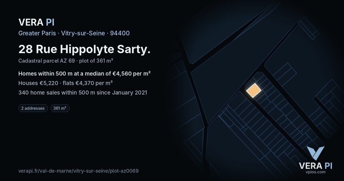 28 Rue Hippolyte Sarty, Vitry-sur-Seine at night – the plot lit, the parcels around coloured by the prices near them