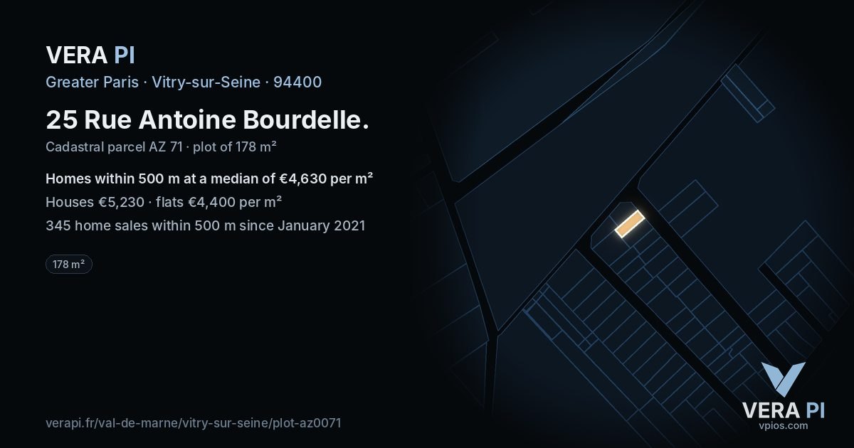 25 Rue Antoine Bourdelle, Vitry-sur-Seine at night – the plot lit, the parcels around coloured by the prices near them