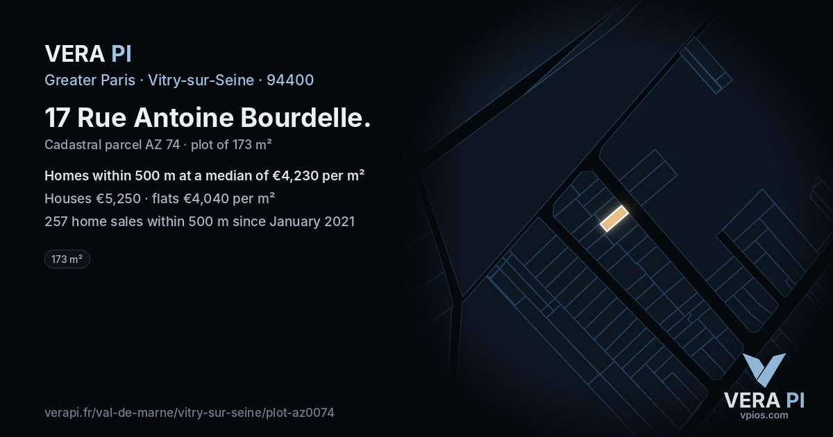 17 Rue Antoine Bourdelle, Vitry-sur-Seine at night – the plot lit, the parcels around coloured by the prices near them