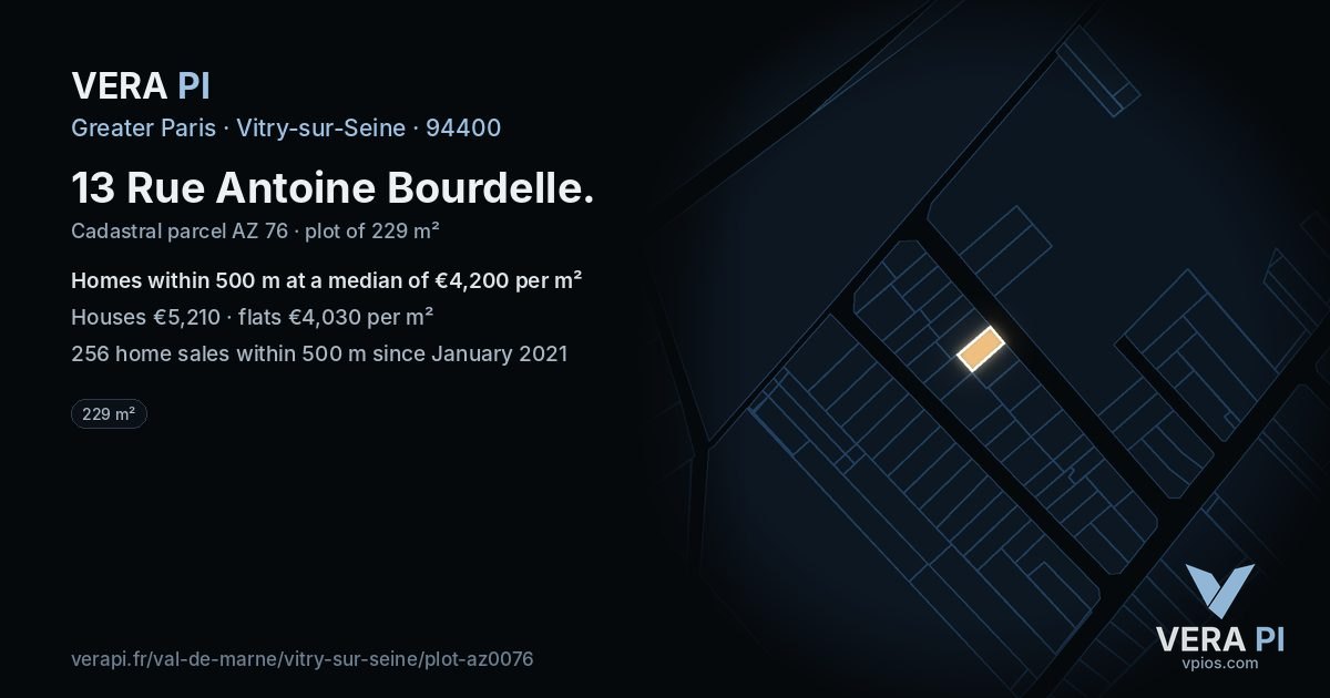13 Rue Antoine Bourdelle, Vitry-sur-Seine at night – the plot lit, the parcels around coloured by the prices near them