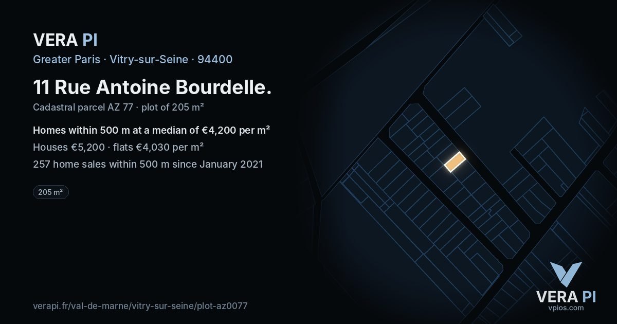 11 Rue Antoine Bourdelle, Vitry-sur-Seine at night – the plot lit, the parcels around coloured by the prices near them