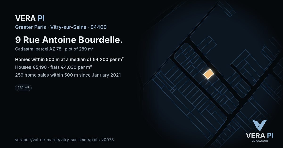 9 Rue Antoine Bourdelle, Vitry-sur-Seine at night – the plot lit, the parcels around coloured by the prices near them