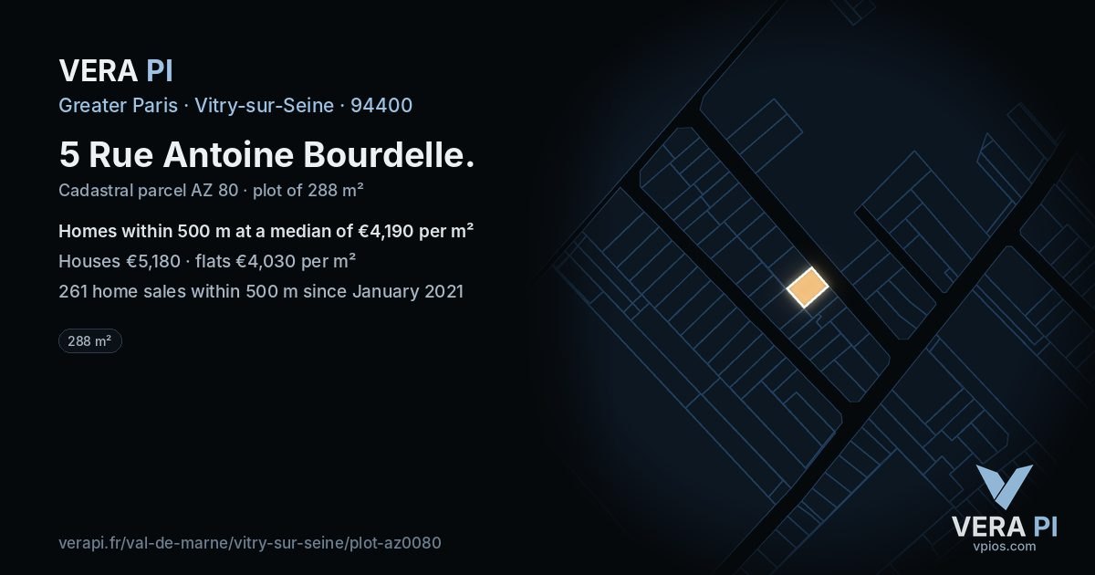 5 Rue Antoine Bourdelle, Vitry-sur-Seine at night – the plot lit, the parcels around coloured by the prices near them