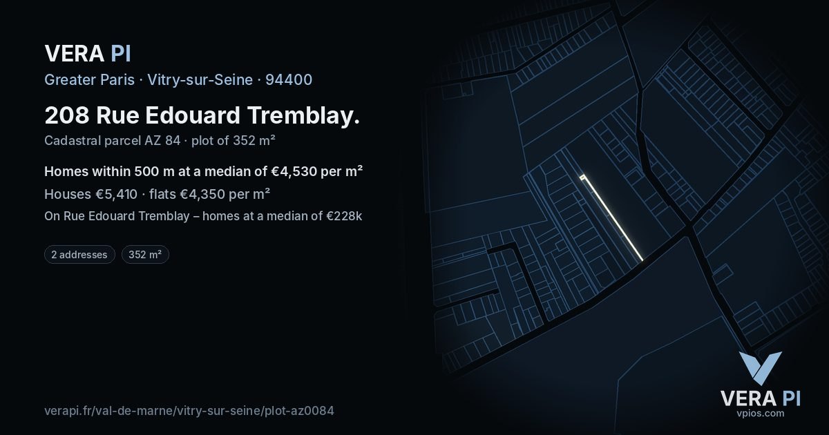 208 Rue Edouard Tremblay, Vitry-sur-Seine at night – the plot lit, the parcels around coloured by the prices near them