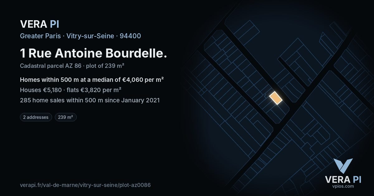 1 Rue Antoine Bourdelle, Vitry-sur-Seine at night – the plot lit, the parcels around coloured by the prices near them