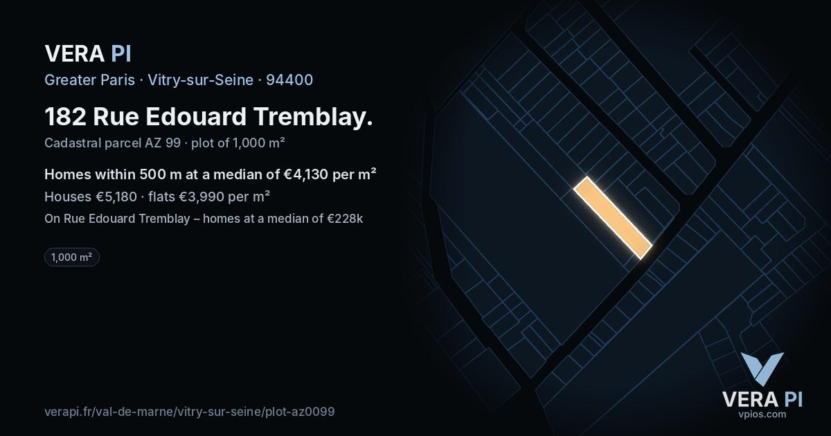 182 Rue Edouard Tremblay, Vitry-sur-Seine at night – the plot lit, the parcels around coloured by the prices near them