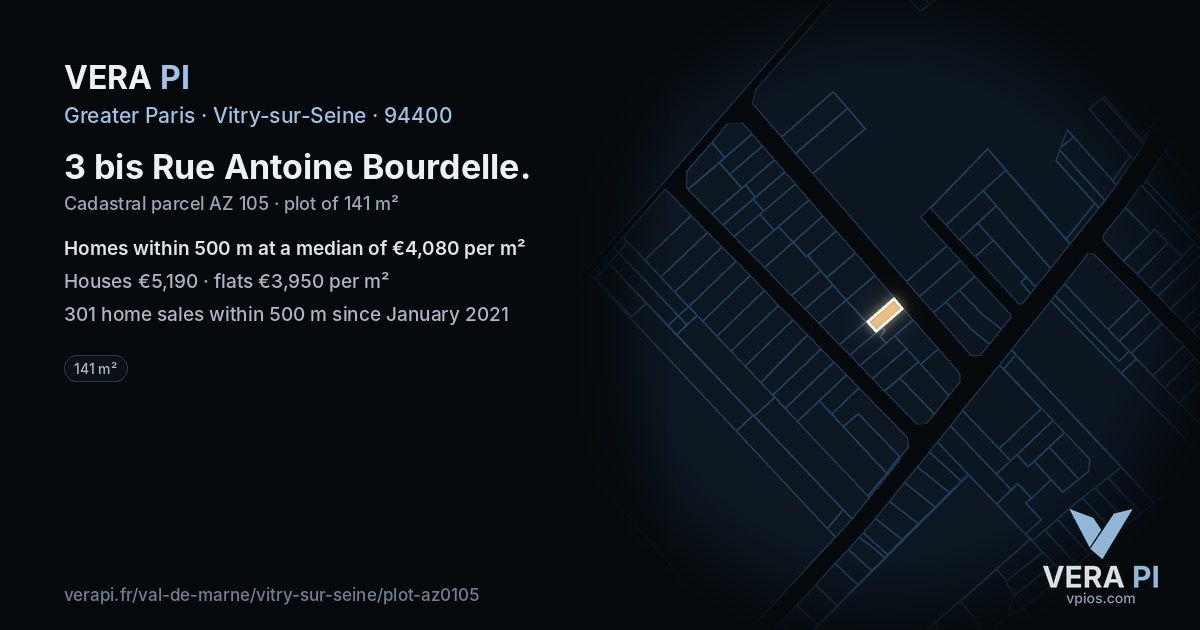 3 bis Rue Antoine Bourdelle, Vitry-sur-Seine at night – the plot lit, the parcels around coloured by the prices near them