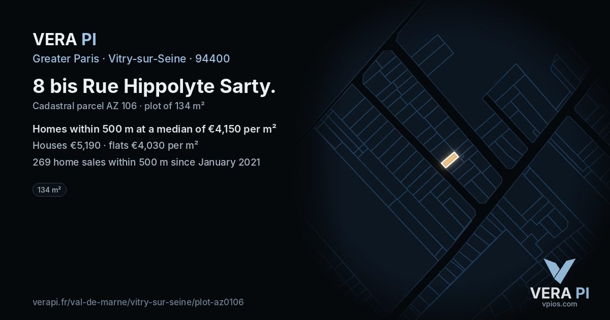 8 bis Rue Hippolyte Sarty, Vitry-sur-Seine at night – the plot lit, the parcels around coloured by the prices near them