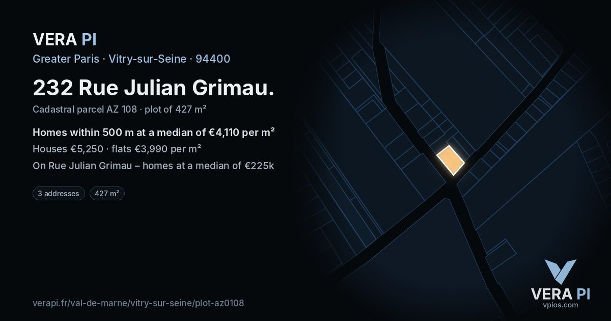 232 Rue Julian Grimau, Vitry-sur-Seine at night – the plot lit, the parcels around coloured by the prices near them