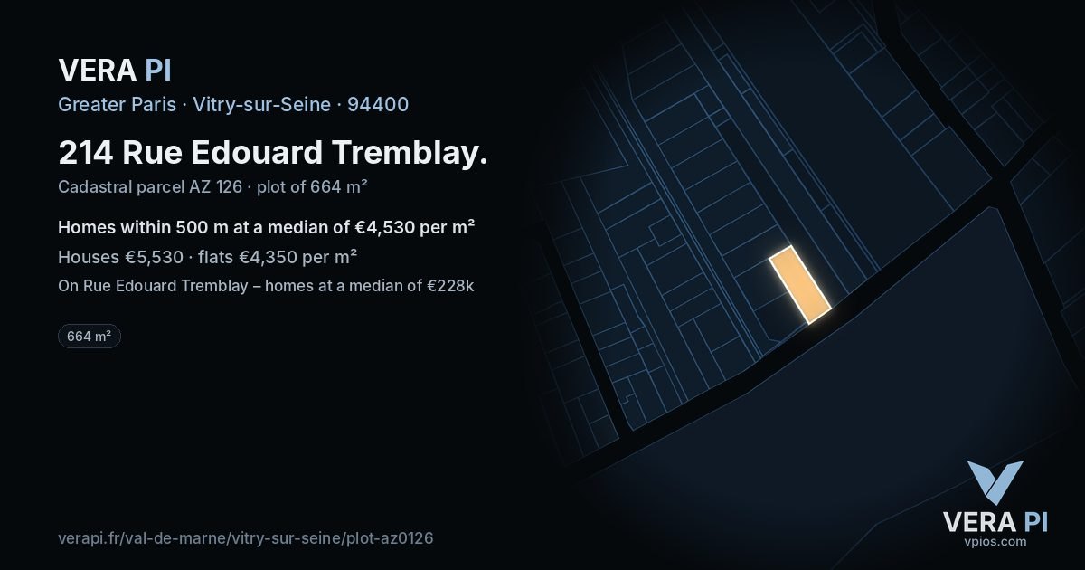 214 Rue Edouard Tremblay, Vitry-sur-Seine at night – the plot lit, the parcels around coloured by the prices near them
