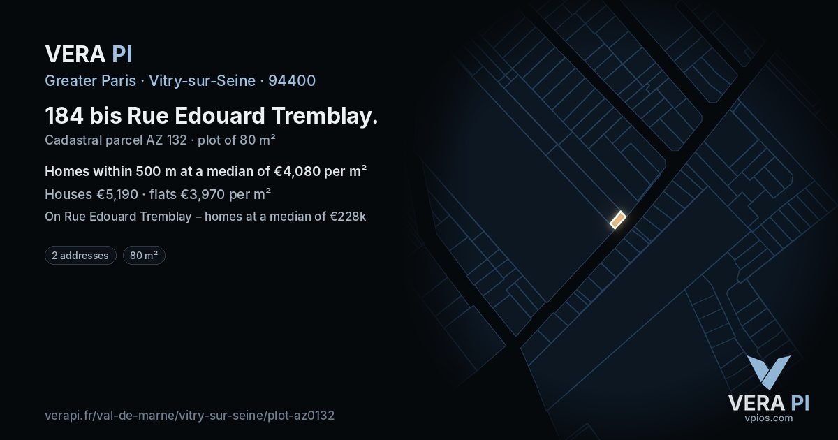 184 bis Rue Edouard Tremblay, Vitry-sur-Seine at night – the plot lit, the parcels around coloured by the prices near them