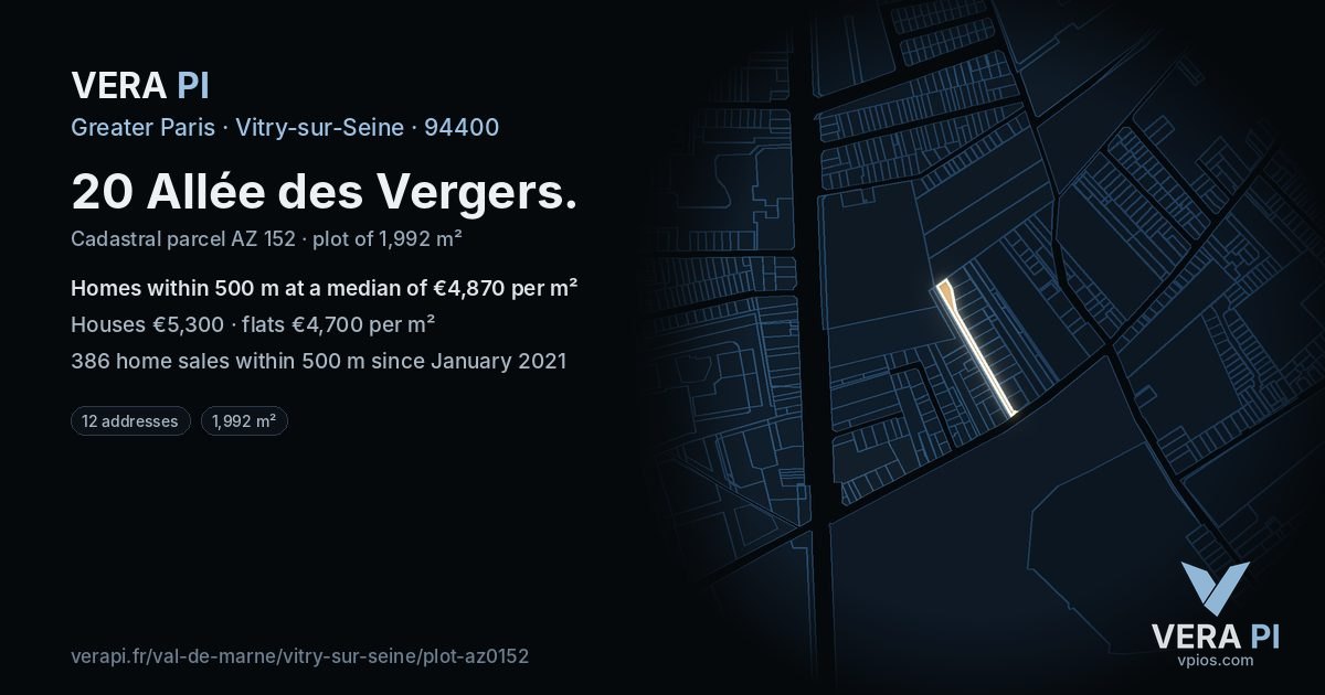 20 Allée des Vergers, Vitry-sur-Seine at night – the plot lit, the parcels around coloured by the prices near them