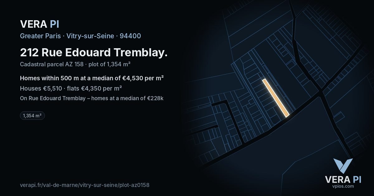 212 Rue Edouard Tremblay, Vitry-sur-Seine at night – the plot lit, the parcels around coloured by the prices near them