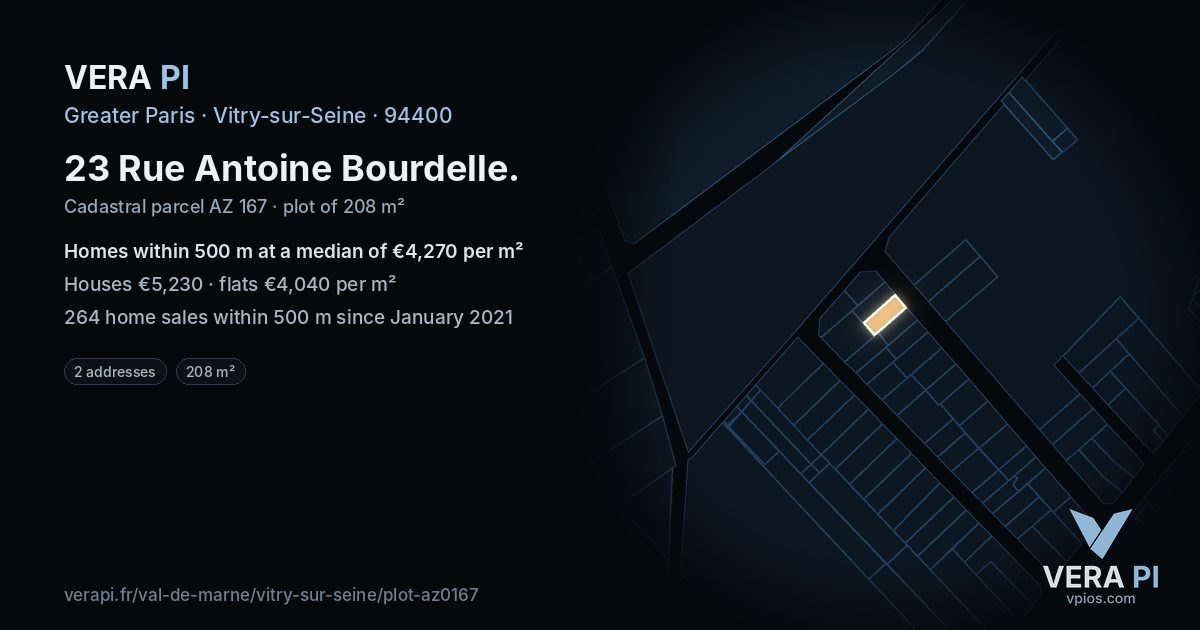 23 Rue Antoine Bourdelle, Vitry-sur-Seine at night – the plot lit, the parcels around coloured by the prices near them
