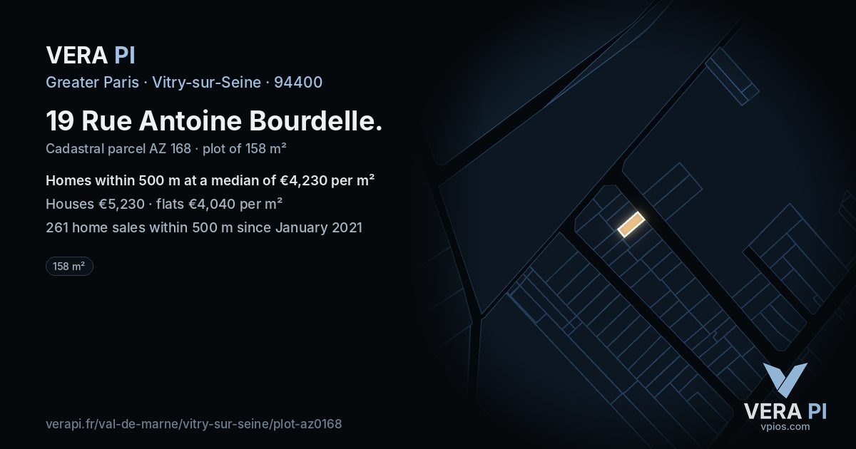 19 Rue Antoine Bourdelle, Vitry-sur-Seine at night – the plot lit, the parcels around coloured by the prices near them