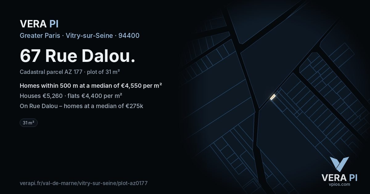 67 Rue Dalou, Vitry-sur-Seine at night – the plot lit, the parcels around coloured by the prices near them