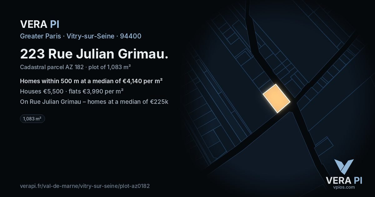 223 Rue Julian Grimau, Vitry-sur-Seine at night – the plot lit, the parcels around coloured by the prices near them